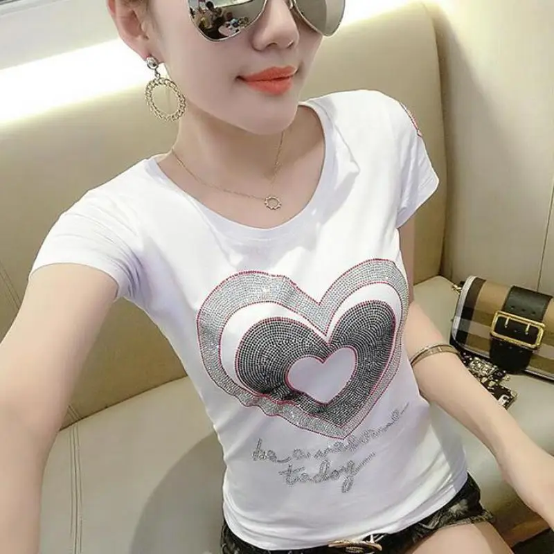 

Zuolunouba Summer Office Lady Cotton Short Sleeve Slim Tees Tops Girl Diamonds Letter Harajuku O-neck Women T-shirts white