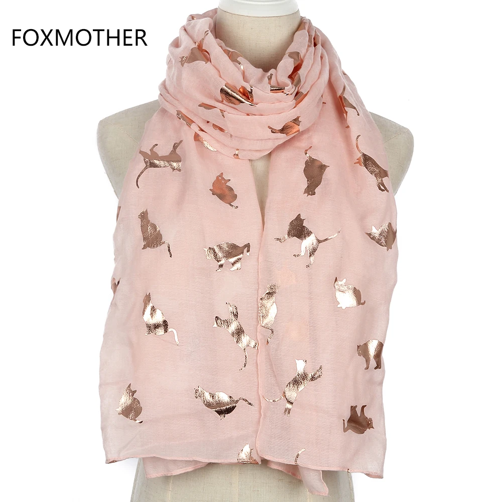 

FOXMOTHER New Design Fashion Shiny Pink Grey Navy Color Foil Gold Metallic Cat Scarf Wrap Shawl Foulard Ladies Mother Gifts