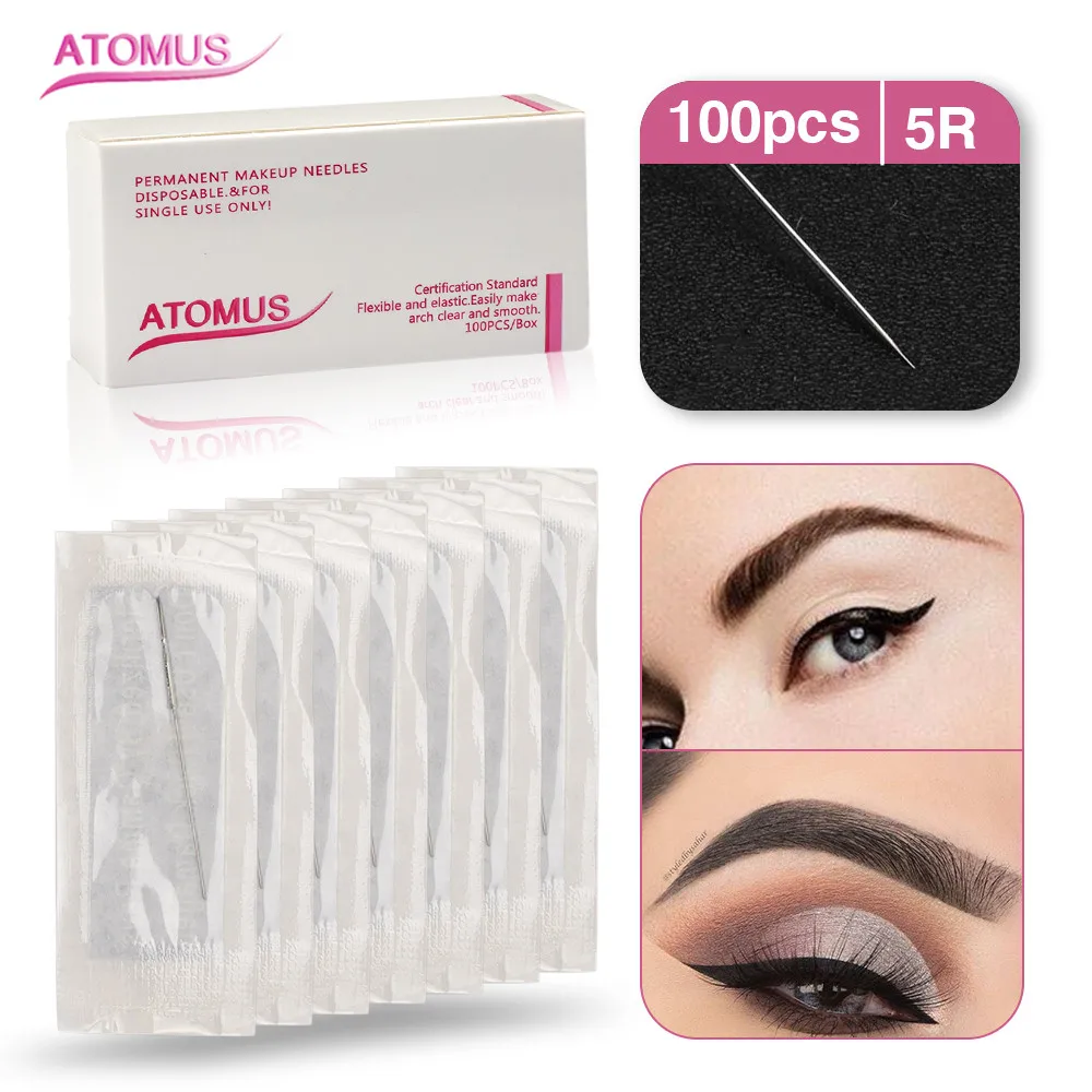 Agujas esterilizadas de maquillaje permanente para cejas, máquina de pluma para tatuaje profesional, 5R, 100 unidades