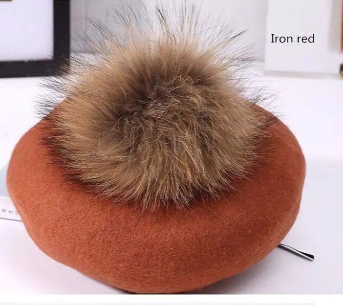 Winter women casual wool berets caps Thick warm hat Raccoon fur pom pom knitted cashmere berets hats Winter girl\'s cap