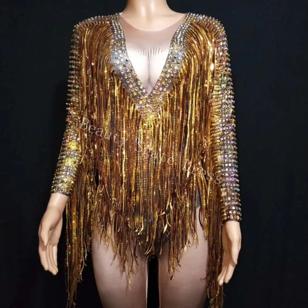 Bright Gold Rhinestones Tassel Spandex Jumpsuit Women Dance Birthday Celebrate Bar Big Stretch Jumpsuit Singer Costume Outfit