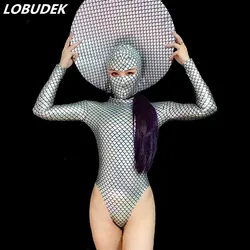 Silver Laser Fish Scale Pattern Mermaid Skinny Bodysuit Mask Big Headgear Female Dance Costume Club Bar Party Show Stage Outfit