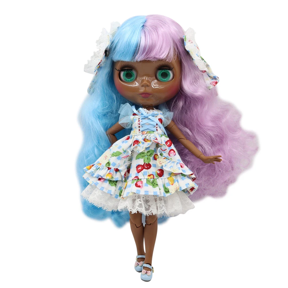 

ICY DBS Blyth doll super black darkest skin Glossy face join body Points in the Blue mixed Purple hair.No.BL2137/6023