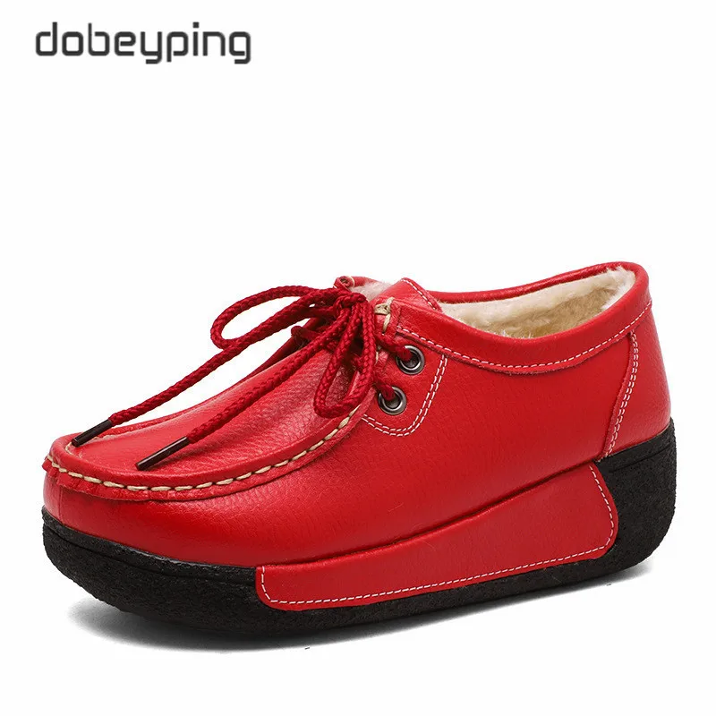 dobeyping New Genuine Leather Woman Winter Shoes Casual Flat Platform Women Shoe Plush Women\'s Loafers Slip-On Female Sneakers