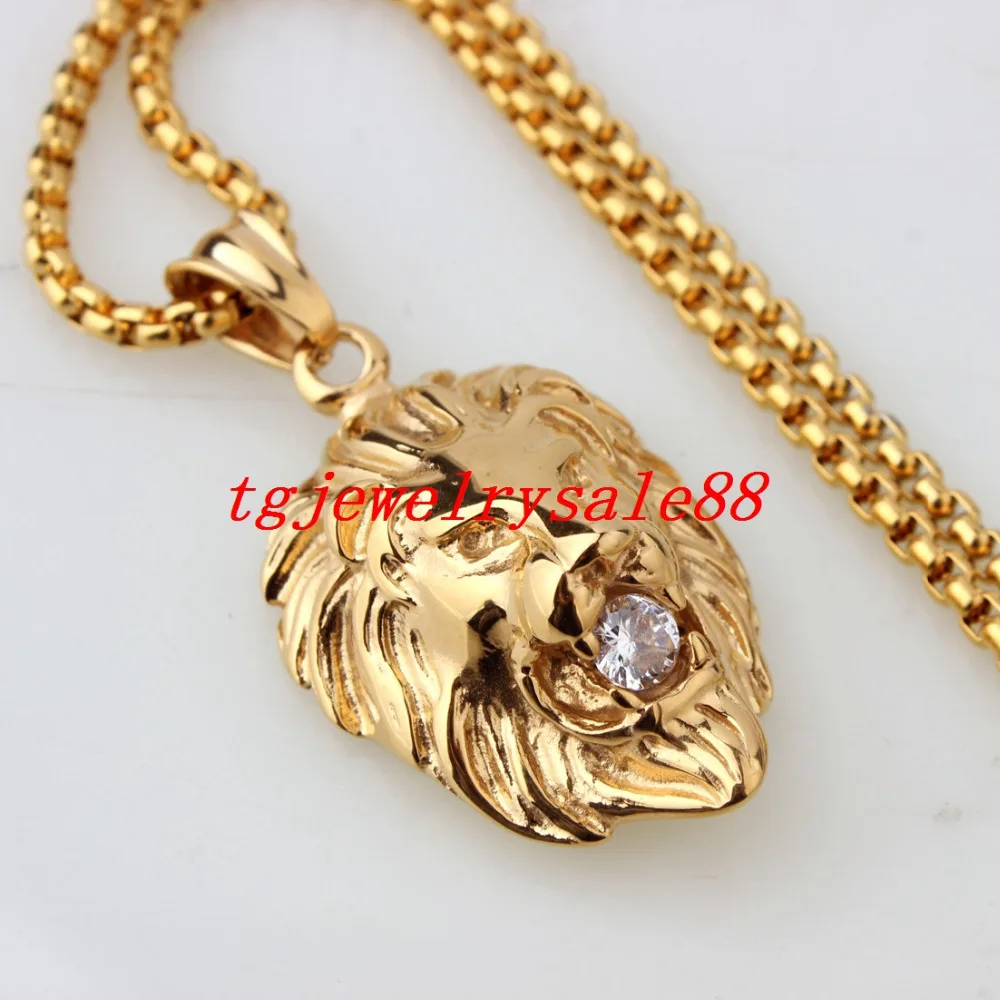 

Popular Gold Plated Stainless Steel Lion Head Pendant Necklace Trendy CZ For Biker Men's Xmas Jewelry High Quality