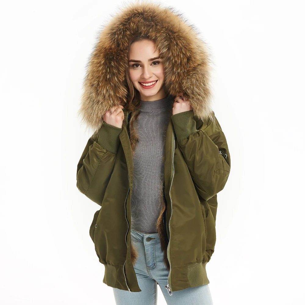 MAOMAOKONG2019 new Loose embroidery real raccoon fur lining winter women\'s jacket real fur collar coat park