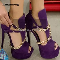 Ladies Unique Style Charming Gold Chains Design High Platform Gladiator Sandals Purple Orange Suede Leather High Heels