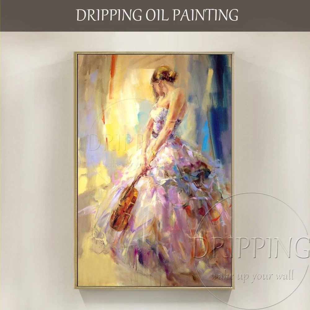 Artist Design Vivid Colors Beauty Lady with Violin Oil Painting Hand-painted Beauty Girl Wearing Purple Dress Oil Painting