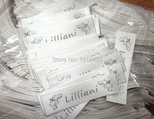 free shipping customize main labels with silver thread/clothing white satin woven labels/garment embroidered labels/collar tags