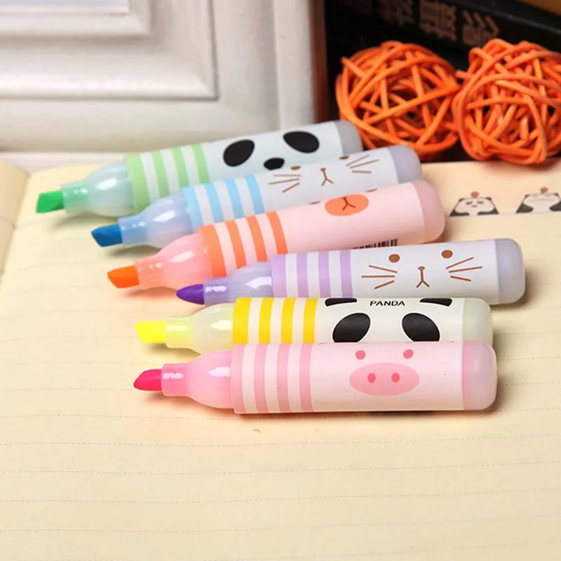 48 stks/partij Cartoon Panda Kat Dieren Markeerstift Mini 6 kleuren Tekening marker pennen kantoor school schriftelijk leveringen