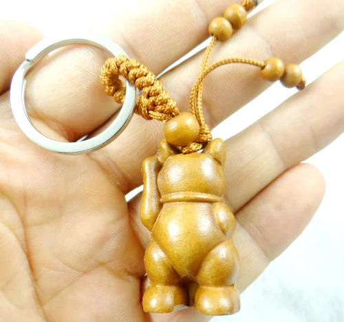 Natural mahogany three-dimensional engraving Lucky Cat wood keychain realistic key ring jewelry gift for men and women 1pc