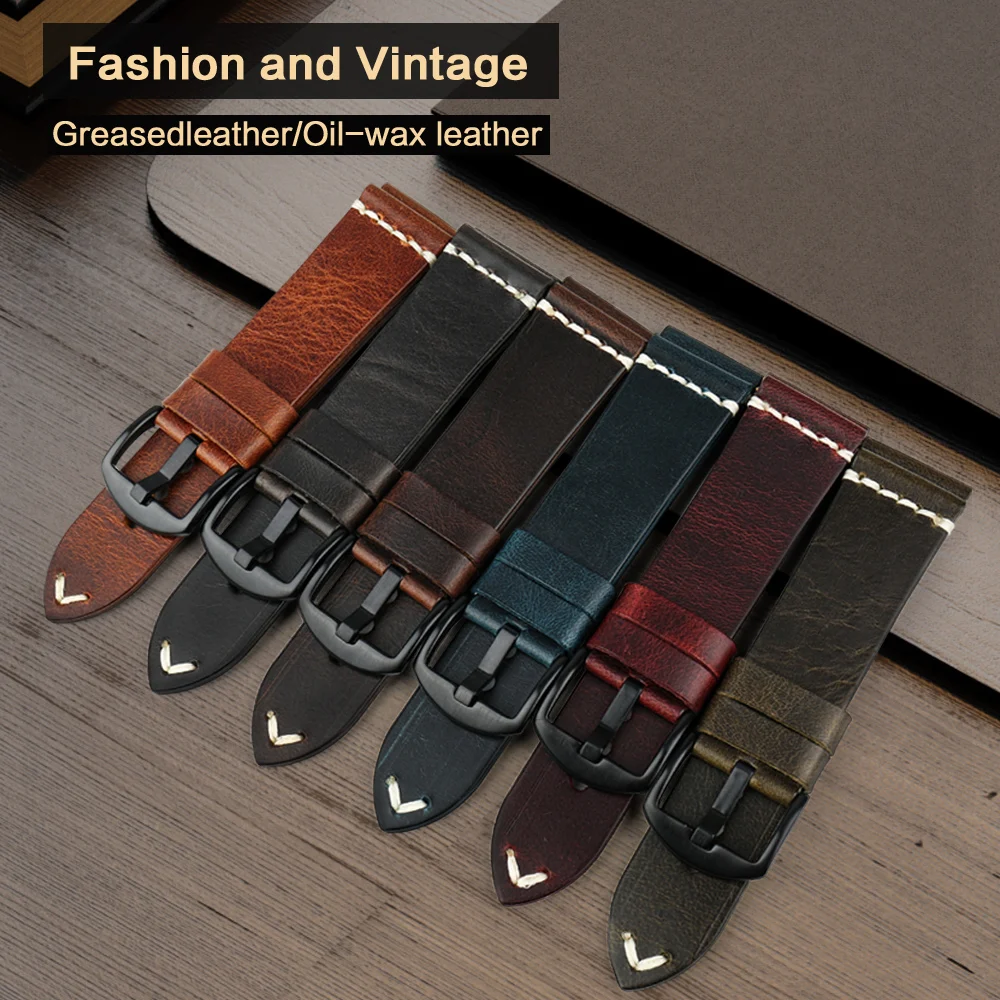MAIKES High Quality Vintage Green Leather Watch Band Stainless Steel Pin Buckle 22mm 24mm Watch Accessories Watch Strap Bracelet