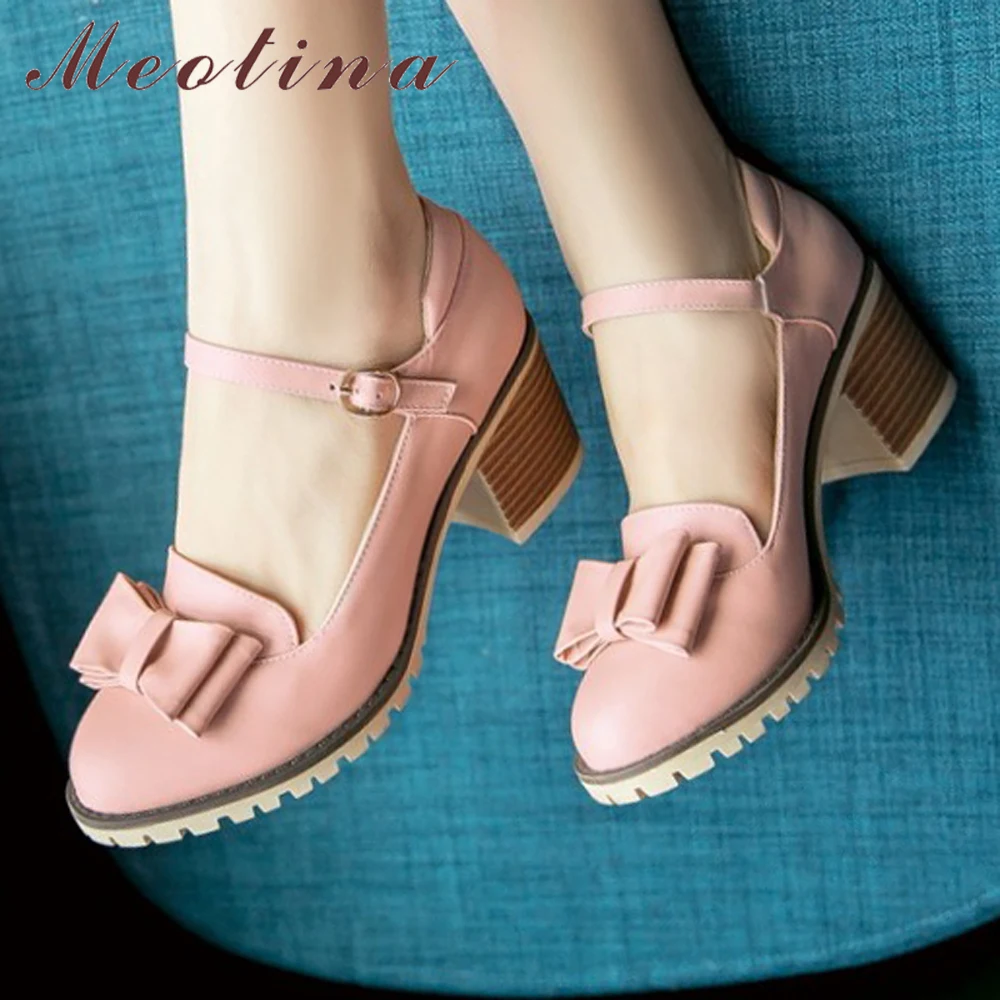 Meotina Women Pumps Lolita Shoes Platform High Heels Pink Mary Jane Shoes Bow Block Heel Ladies Party Shoes Large Size 33-43