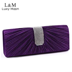 Women Satin Rhinestone Evening Clutch Bag Ladies Day Clutches Purses Chain Handbags Bridal Wedding Party Bolsas Purple XA311H