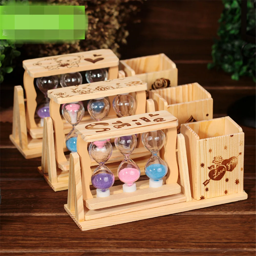 Wooden Pen Holder with Three Hourglass Kawaii Desk Tidy Pencil Holder Carton Desktop Pen Pot Creative Office Accessories