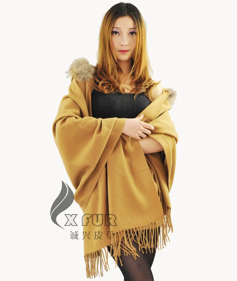 

Free Shipping CX-B-P-23 Raccoon Fur Women Cashmere Pashmina With Hood