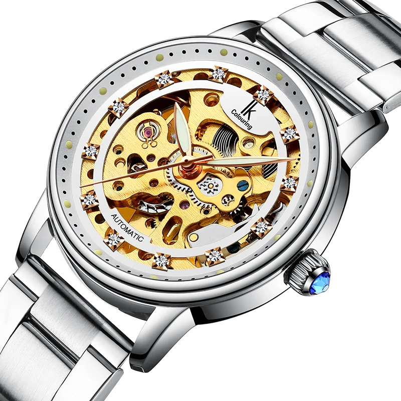 IK Colouring Ladies Wristwatch Automatic Stainless Steel Band Female Clock Mechanical Skeleton Rhinestone Women Watch