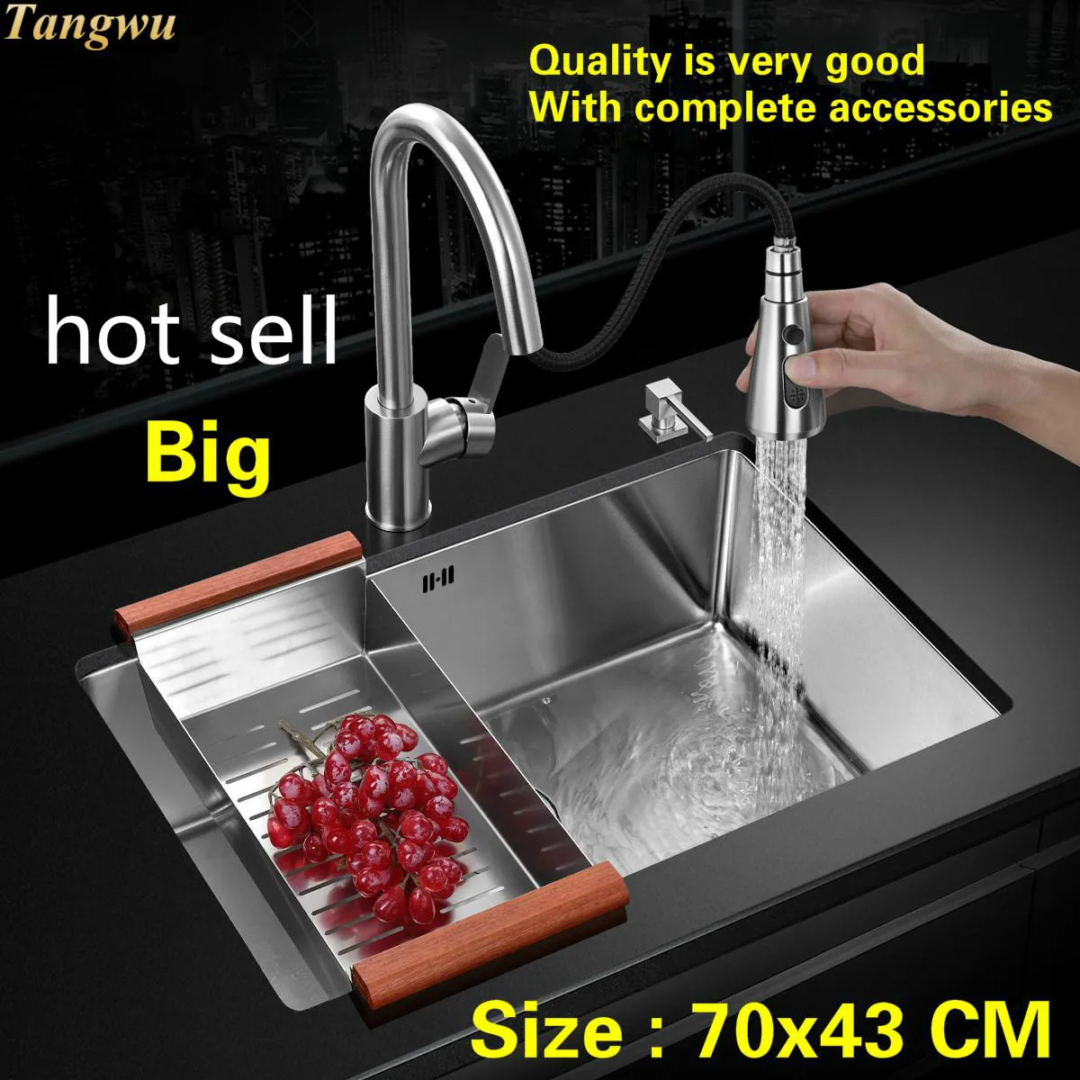 

Free shipping Standard kitchen manual sink single trough wash the dishes durable 304 stainless steel hot sell 70x43 CM