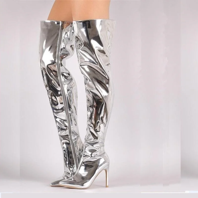 جديد أزياء المرأة فوق الركبة أحذية عالية الكعب الذهبي براءات الاختراع والجلود أشار تو أحذية السيدات مصمم الفخذ أحذية عالية النساء