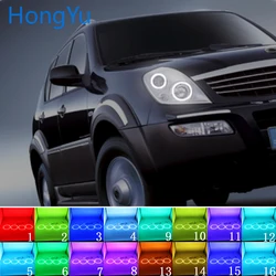 Latest Headlight Multi-color RGB LED Angel Eyes  Ring Eye DRL RF Remote Control for Ssangyong Rexton 2003 - 2005 Accessories