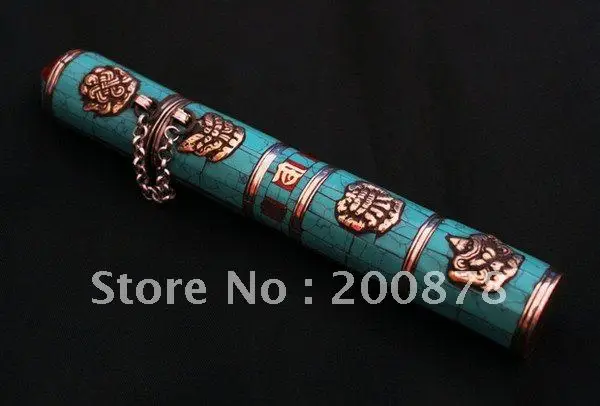 

Tibetan Handicarft Brass Inlay Turquoise Incense Box Tibetan Lucky Babao Cylinder Incense Case