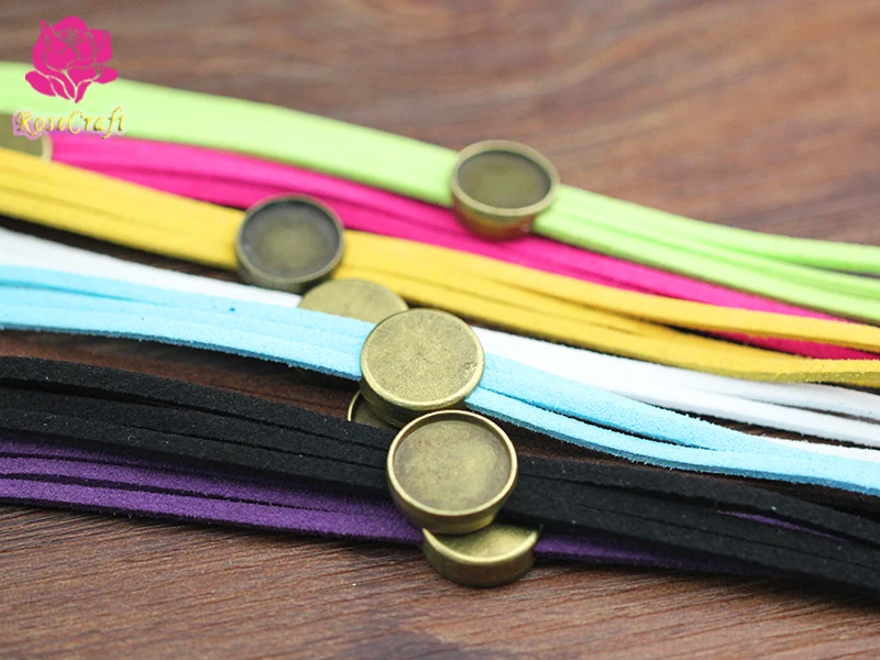 10 sztuk ręcznie robione 15cm zamszowy sznurek bransoletka ustawienie 14mm okrągły Cabochon pusta podstawa Bezel taca DIY komponenty do biżuterii akcesoria — zdjęcie 3
