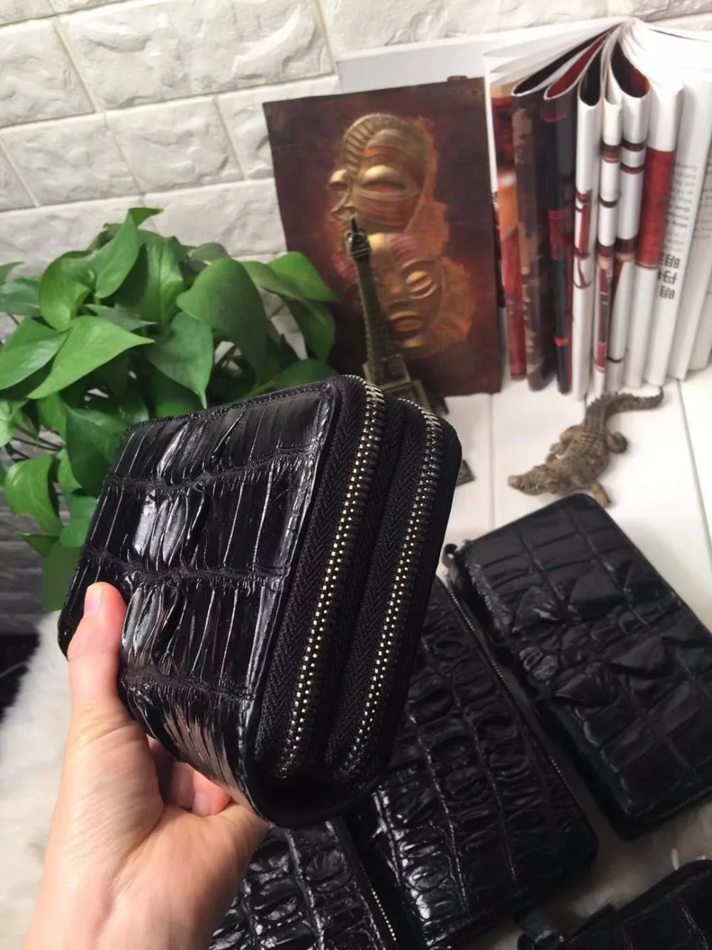 Double zipper closure 100% genuine alligator skin leather men wallet purse clutch with lots bank credit card slots coin pocket