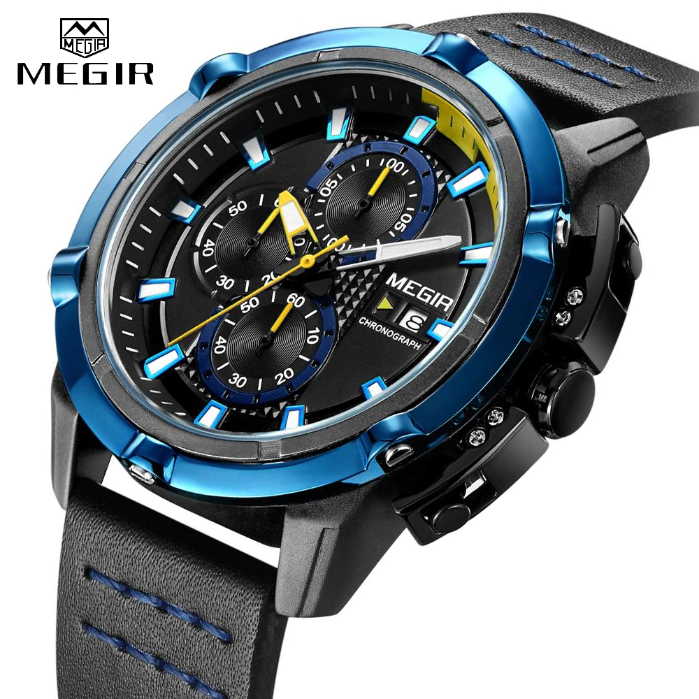 

2024 New Fashion Style Top Brand MEGIR Men Watches Male Quartz Wristwatches Luxury Leather Watch Military Analog Quartz-Watch