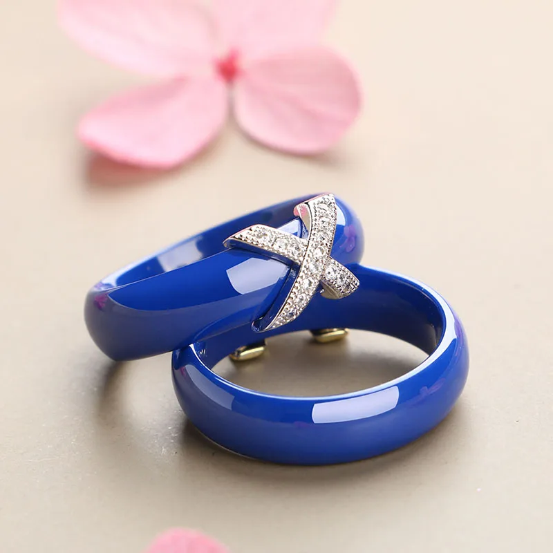 Hot X Cross Rings Blue Pink Ceramic Healthy Jewelry for Women 6mm Smooth Ceramic Rings Female Gift Wedding Jewelry Gold Silver