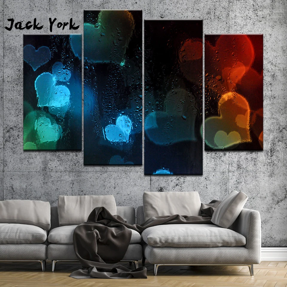 Canvas Painting Colored heart shape rainy grass 4 Pieces Wall Art Painting Modular Wallpapers Poster Print Home Decor