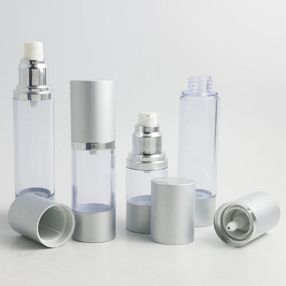 

10 x 15ml 30ml 50ml Empty Transparent Airless Pump Cosmetic Bottles Matte Sliver Cap Lotion Cream Bottles Vacuum Toiletries