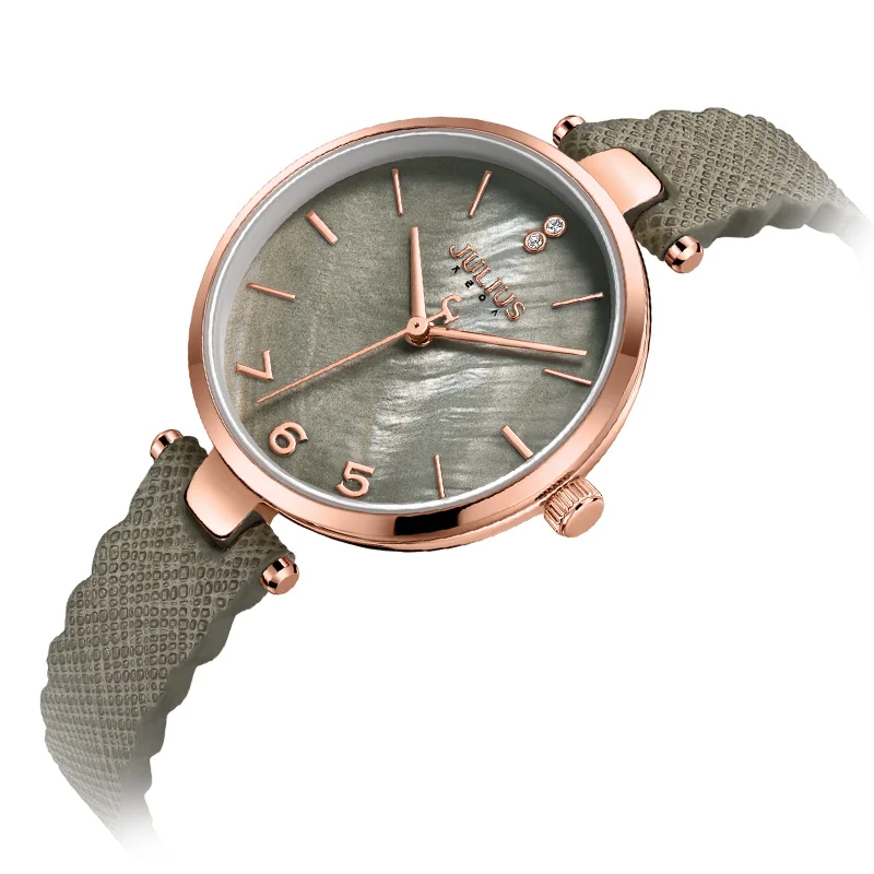 Julius Watch Korean New Designer Watch Simple Casual Quartz Leather Band Gray Pink Clock High-End Pearl Dial Montre JA-1096