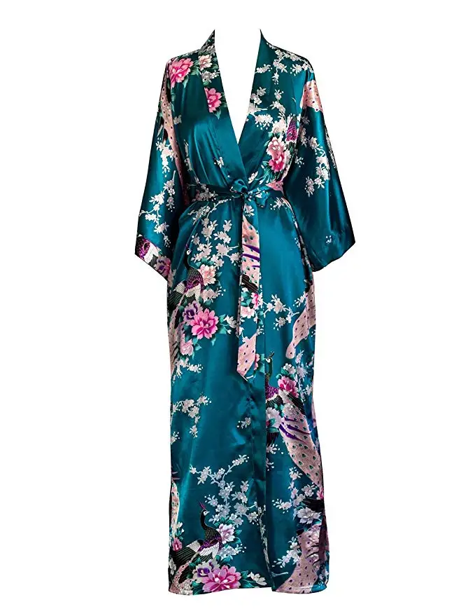 FZSLCYIYI Women\'s Peacock Kimono Robe Sexy Floral Bridal Bridesmaid Robes Woman Flower Party Wedding Long Sleepwear Bathrobe