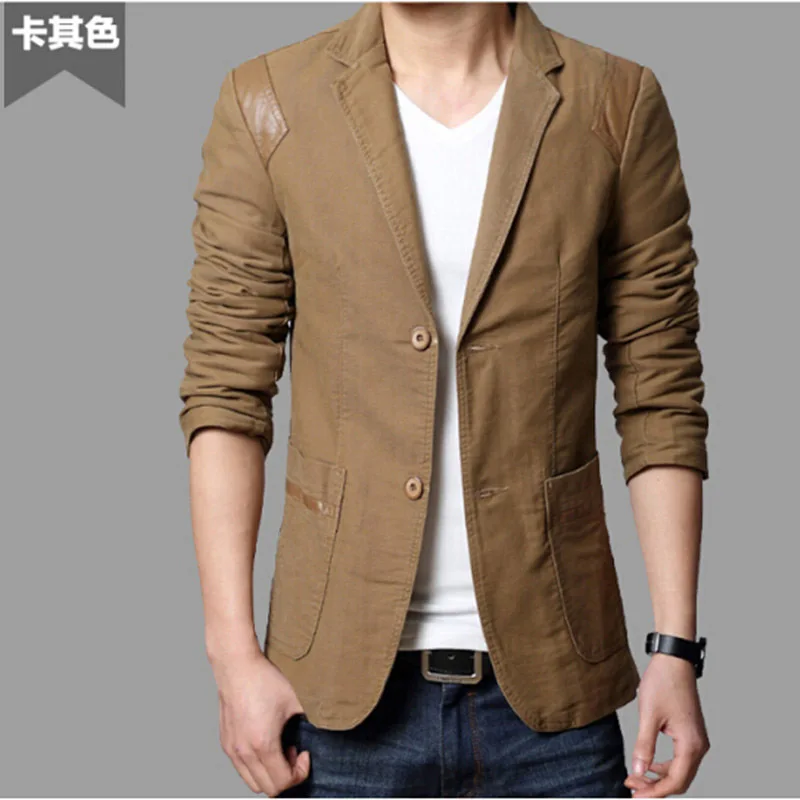 Plus Size M-6XL Spring Autumn Fashion Men's Casual Slim Fit Blazer Leather Patchwork Two Buttons Suits Jacket Men Outwear FS-120