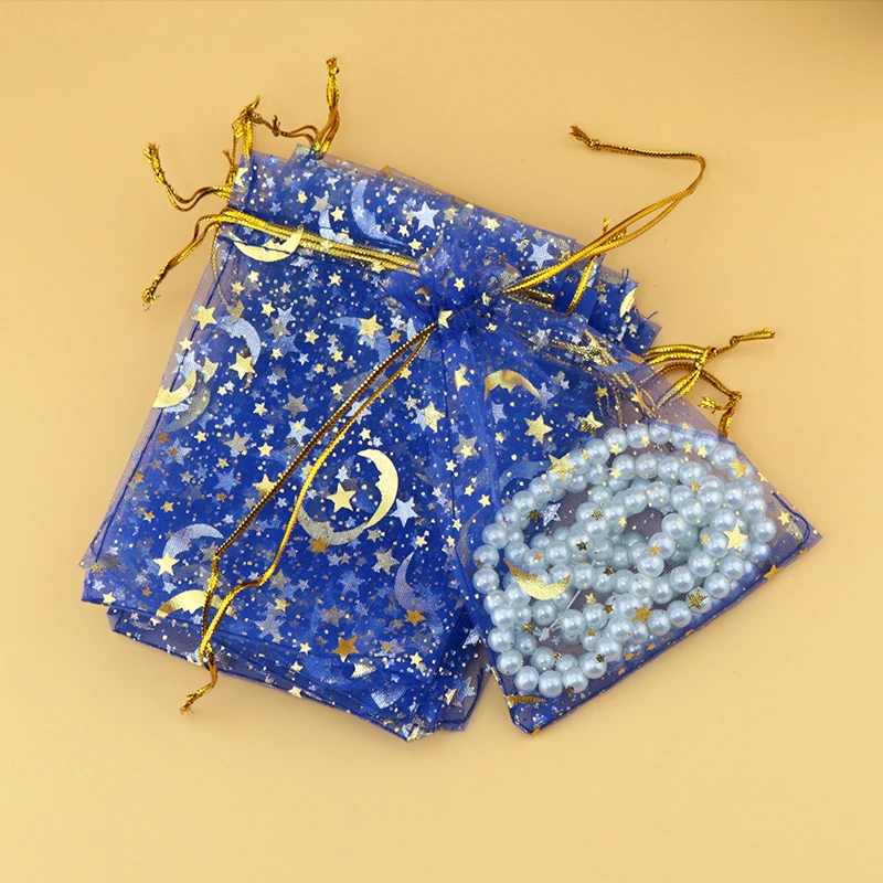 

100pcs 7x9cm Drawable Organza Bags Star Moon Royal blue color Wedding Christmas Gift Bag Jewelry Packaging Bags Pouches