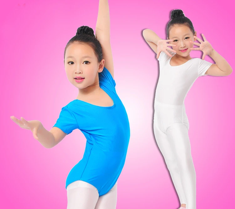 Girls Ballet Bodysuit Children Blue White Dance Leotard Short Sleeved Gymnastics Wear