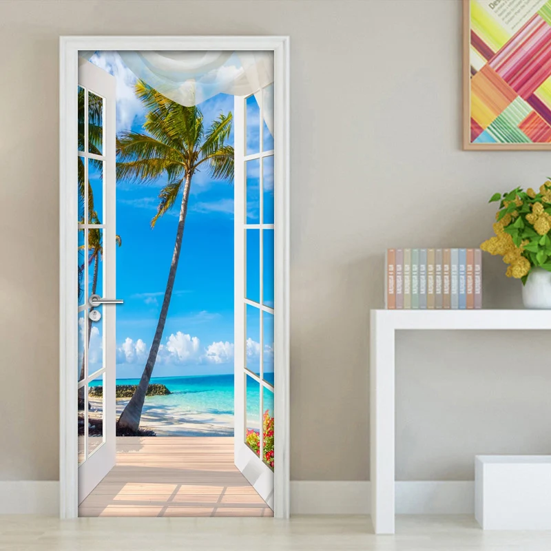 

3D Door Sticker Window Balcony Coconut Tree Sea View Wall Mural Wallpaper Stickers Self Adhesive Removable Home Door Wall Decals