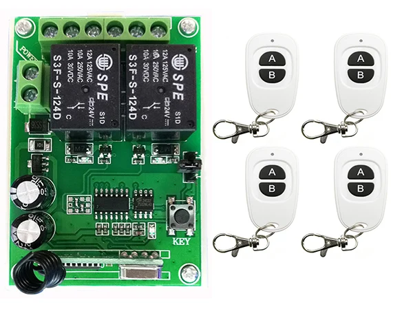 DC24V 2CH RF interruptor inalámbrico receptor de relé controladores remotos y teclas AB blancas transmisor impermeable/lámpara/ventana/puertas de garaje