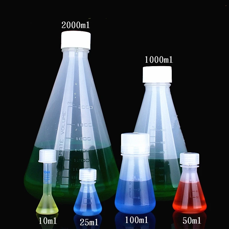 Flcopropriété Erlenmeyer Conique en Plastique Polypropylène avec Bouchon à Vis PE, Graduations Moulées, 25ml, 50ml, 100ml, 500ml, 1000ml, 2000ml