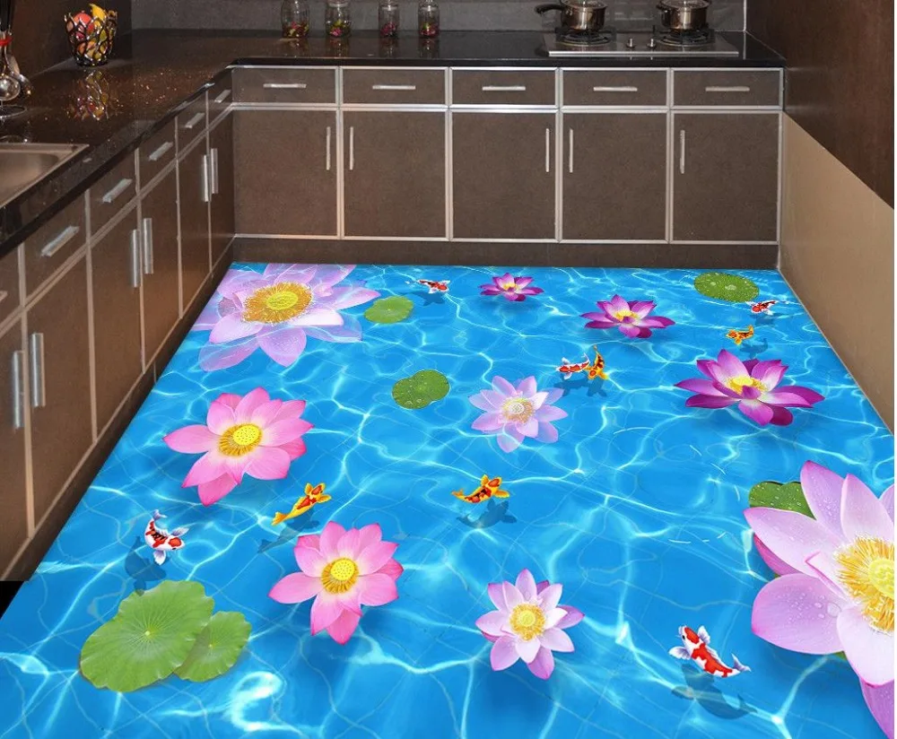 

3d обои с рисунком пола, бассейна, лотоса, рыбы, ванной, кухни, 3D напольные ПВХ Самоклеящиеся обои, 3d напольное покрытие