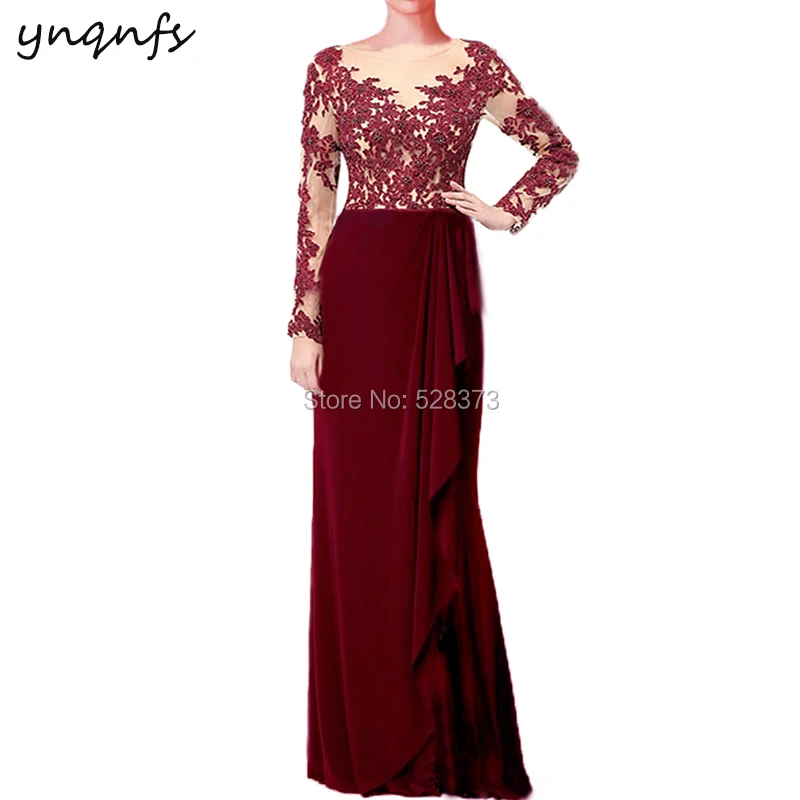 YNQNFS Long Party Dress Guest Wear Elegant Formal Dress Burgundy Mother of the Bride Dresses Long Sleeves Outfits MD334