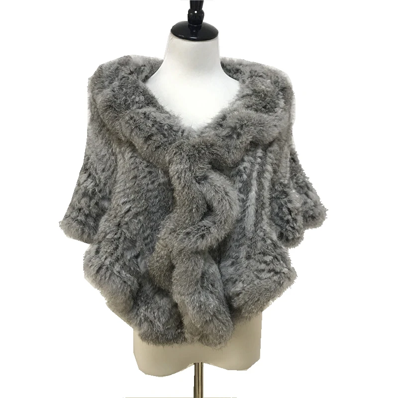 

Autumn Winter Women's Real Knitted Rabbit Fur Poncho Ruffle Collar Lady Pashmina Cloak Shawls Female Wrap VF7014