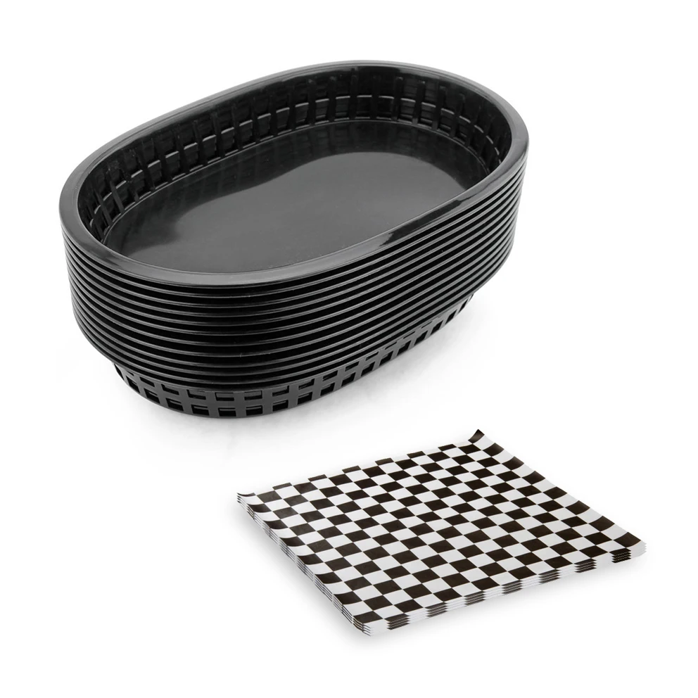 12pcs Fast Food Serving Tray and 24pcs Checkered Food Wax Paper Hamburger French Fries Basket Paper Dishes Restaurant Supplies