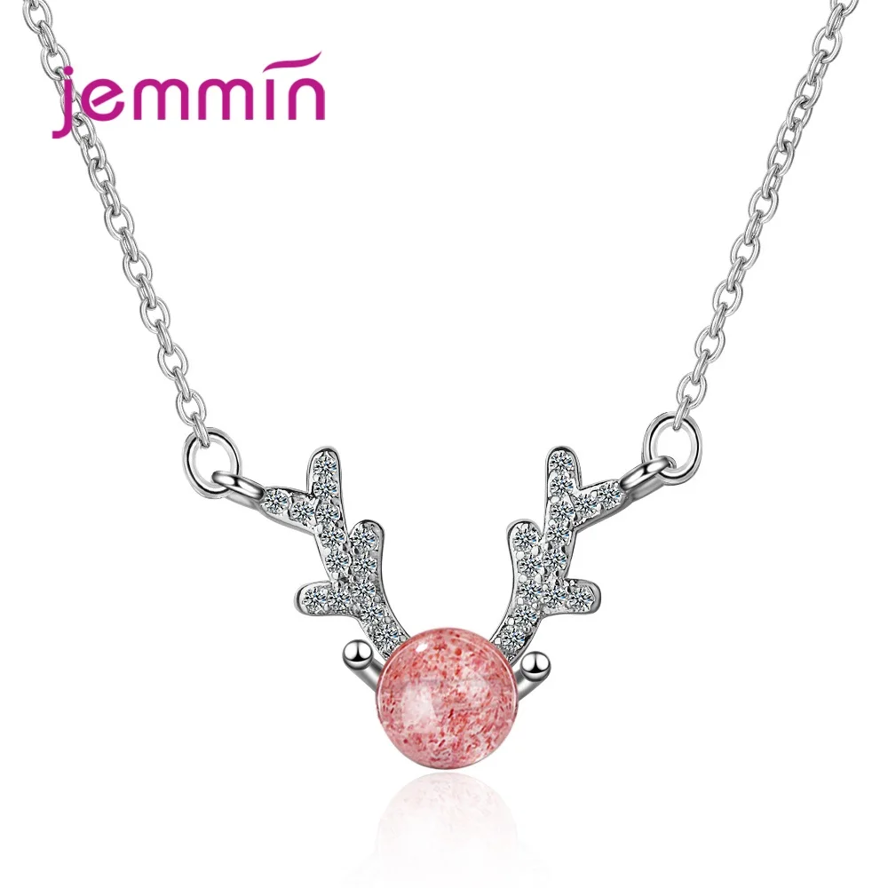 Women Fashion Crystal Round Small Antler Breif Pendant Necklace 925 Sterling Silver Bijoux Collier Elegant Women Jewelry Gifts