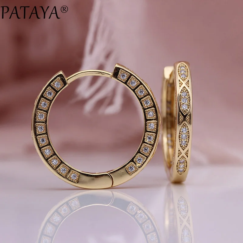 PATAYA New 585 Rose Gold Color Drop Earrings Women Wedding Jewelry White Round Natural Zircon Luxury Fashion Retro Grid Earring