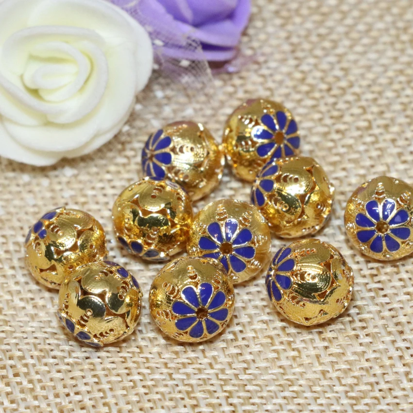 10mm round ball hollow gold-color carved enamel cloisonne accessories hot sale 5pcs free shipping diy jewelry findings B2475