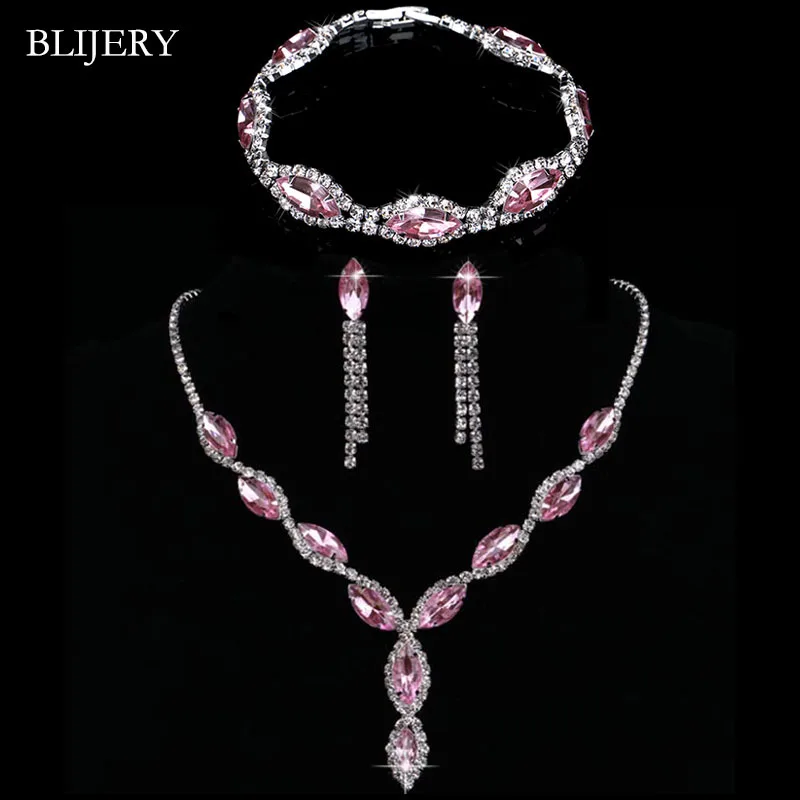 BLIJERY Pink Color Crystal Bridal Jewelry Sets Charm Floral Necklace Earrings Bracelet for Women Party Wedding Jewelry Sets