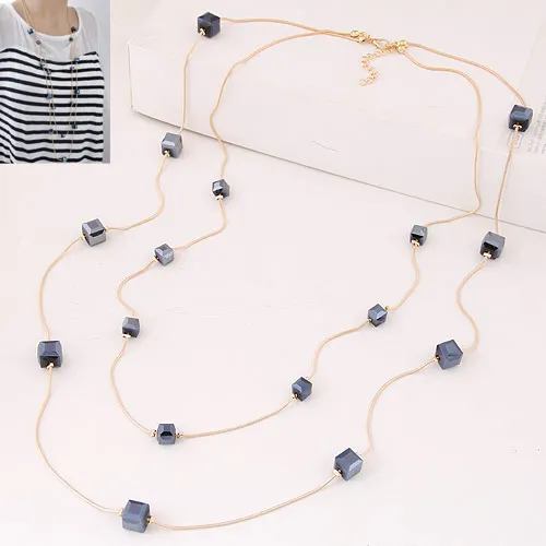 Kymyad Fashion Gold Color Double layer Long Sweater Chain Necklaces For Women Bijoux Cubic Crystal Beads Necklaces & Pendants