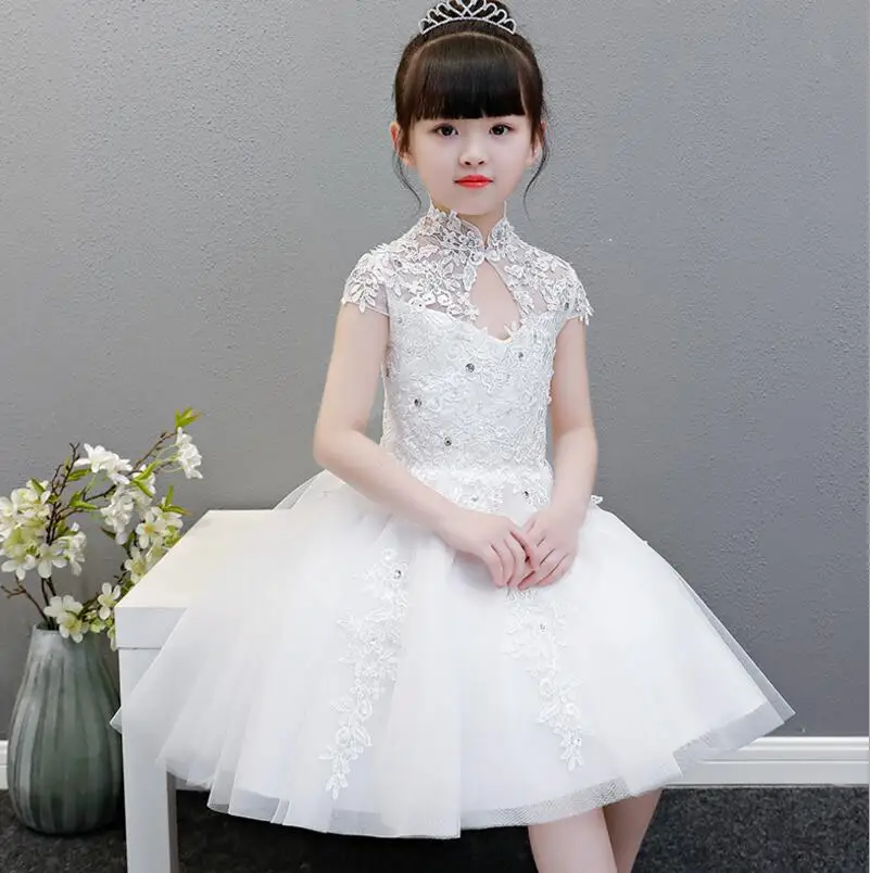 High Quality White Lace Kids Wedding Dress Bead Flower Girls Dress Pageant Party Ball Gown Girl Prom Princess Formal Dress