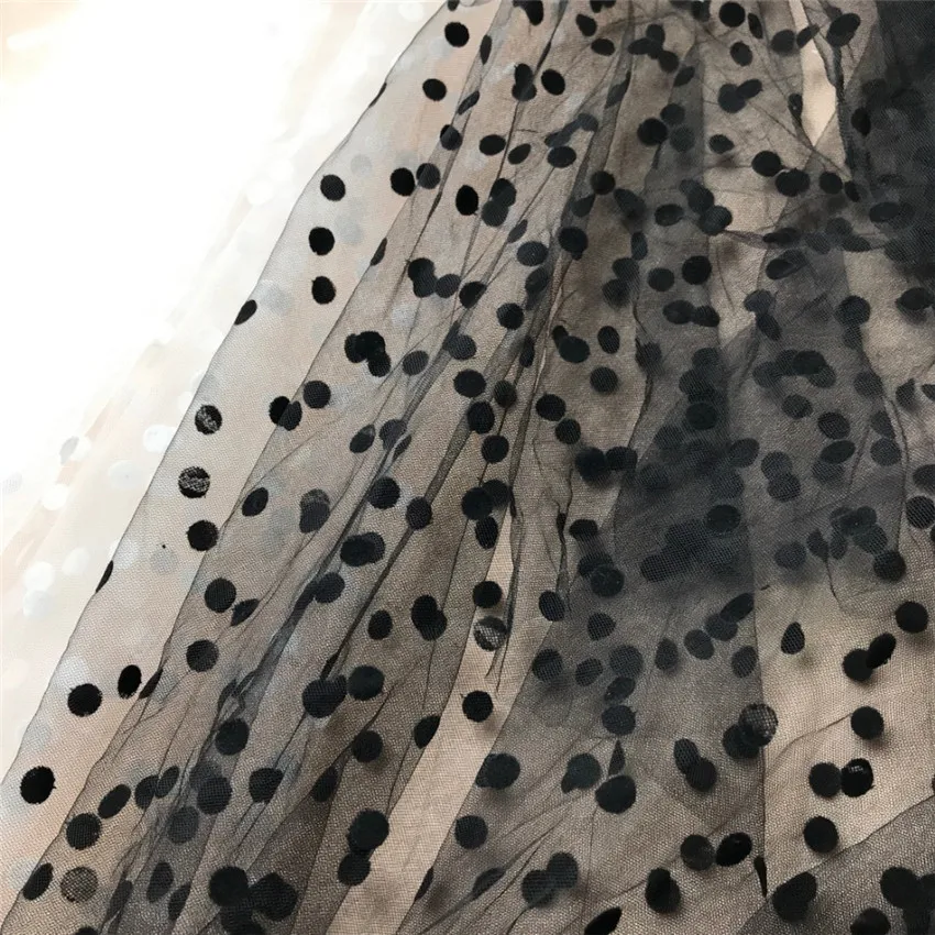 

Retro Style Black Polka Dot Print Tulle Lace Fabric African Soft Mesh Tulle Net Laces Fabric For Women 1 yard